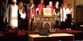 Multireligious leaders of "B;essing the Waters" service, 9/21/12, incldg from Shalom Ctr, Reb Arthur & Rabbi Mordechai Liebling (at mike)